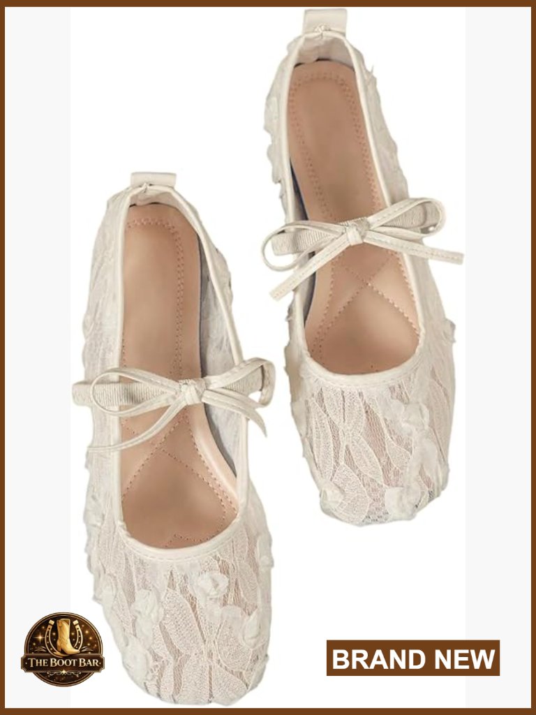 Floral Lace Mesh Ballet Flats Square Closed Toe Bow Dressy Shoes
